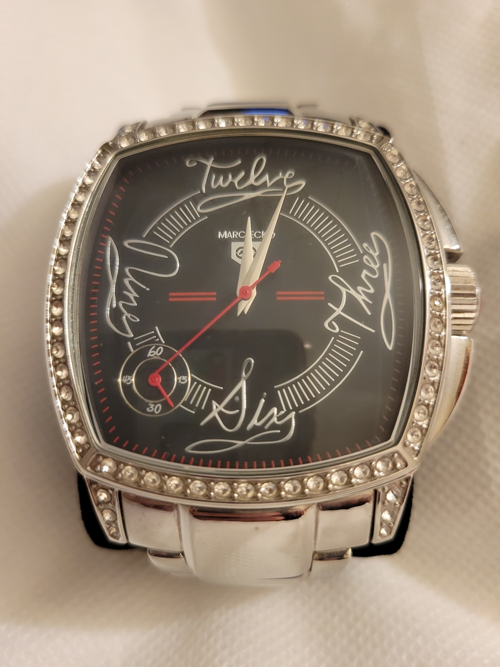 Marc Ecko Silver Tone Watch with Black Dial and Red Accents